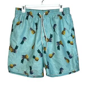 Old Navy Men's Swim Trunks Medium Blue Green Pineapple Print Elastic Waist